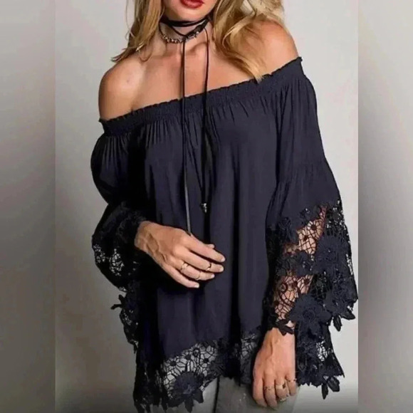 HALO Women’s Black Lace Fringe Sheer Floral Lined Boho 3/4 Sleeve Top Medium - Picture 1 of 16